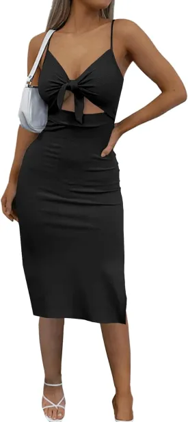 KIFOVEN Women's Tie Knot Cut Out Split Spaghetti Strap Sleeveless Knit Bodycon Midi Dress
