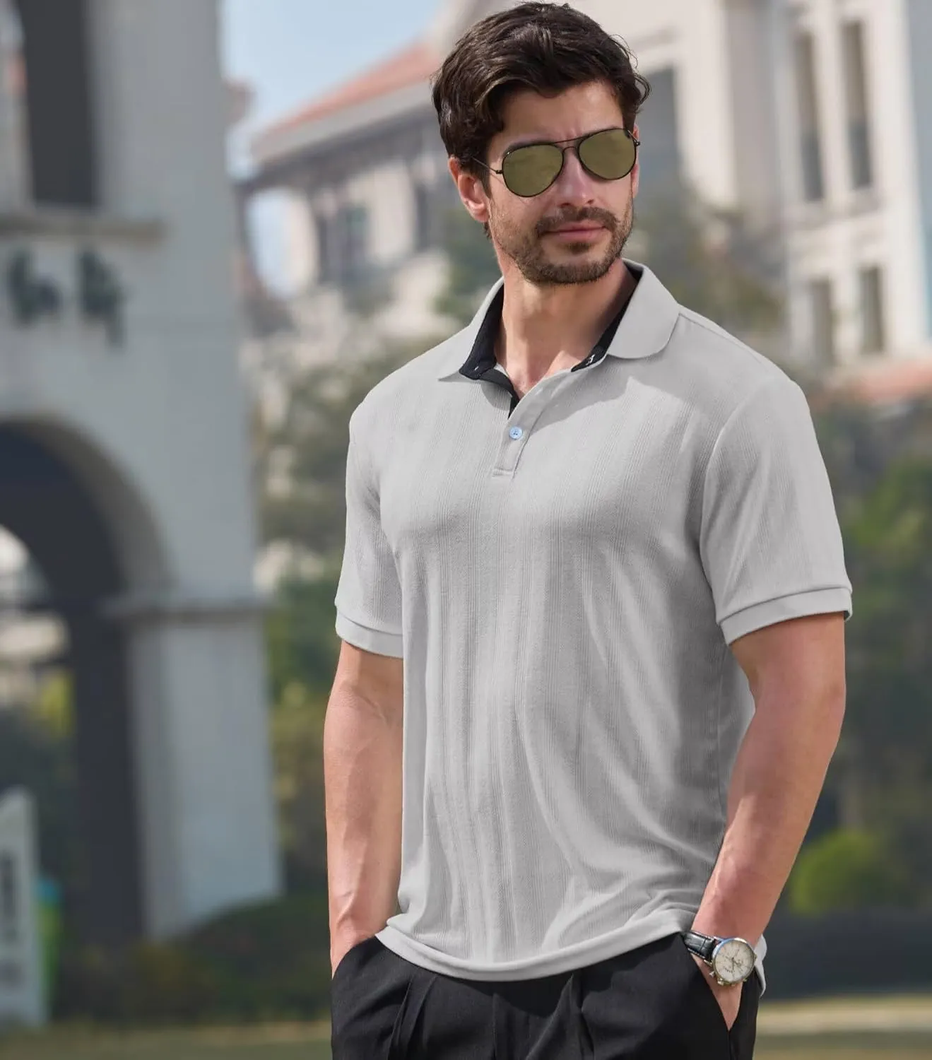 Lexiart Men's Knit Polo Shirt Short Sleeve Cool Soft Stretchy Golf Collared Tops Hollow Out Textured