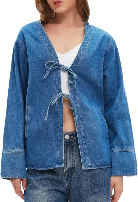 LifeShe Jean Jacket Women Tie Front Top Loose Wide Sleeve Denim Shacket Lightweight V Neck Coat