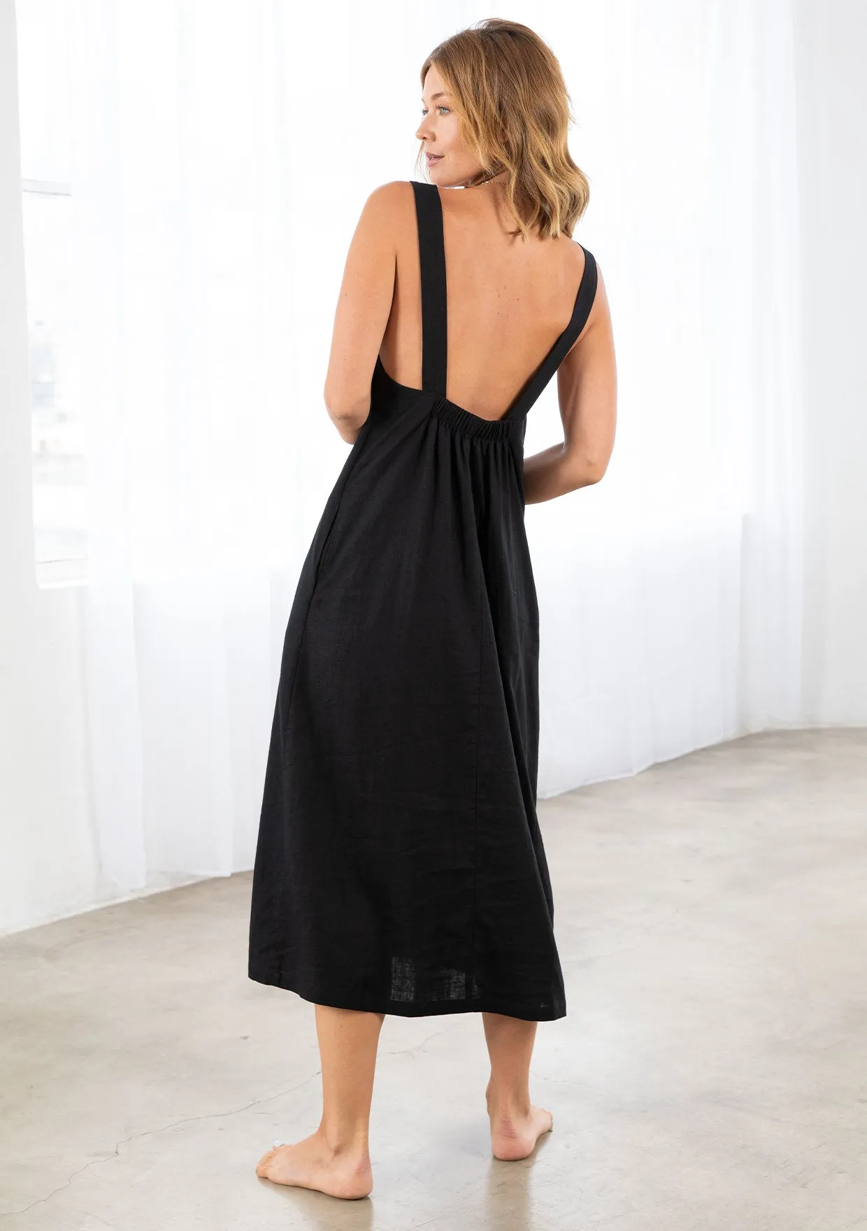 Linen Blend Sleeveless Open Back Midi Dress