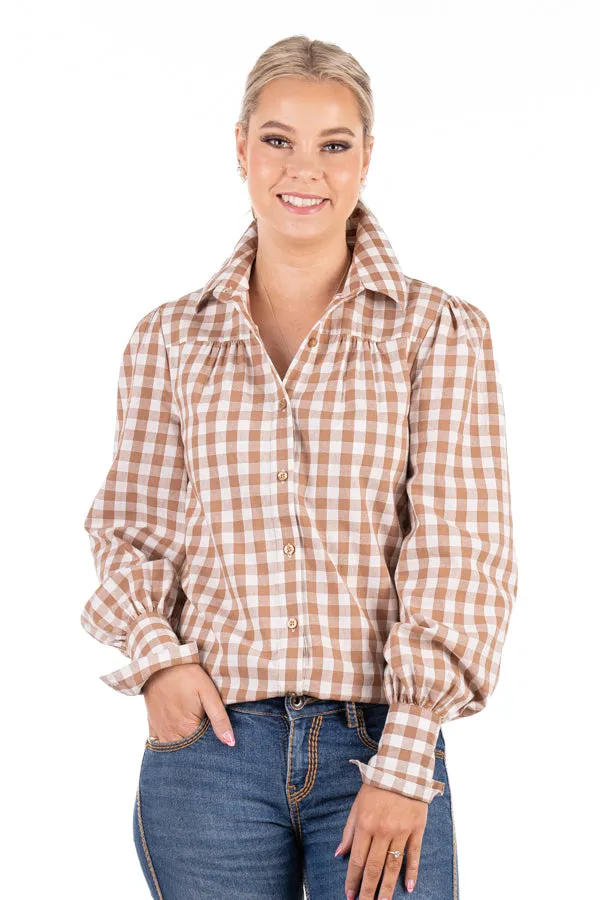 Linen Collection - LC08-8 Caramel Check Gathered Long Sleeve Linen Shirt