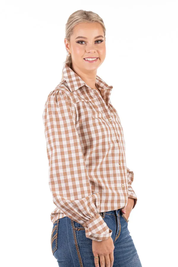 Linen Collection - LC08-8 Caramel Check Gathered Long Sleeve Linen Shirt