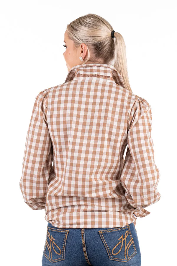 Linen Collection - LC08-8 Caramel Check Gathered Long Sleeve Linen Shirt