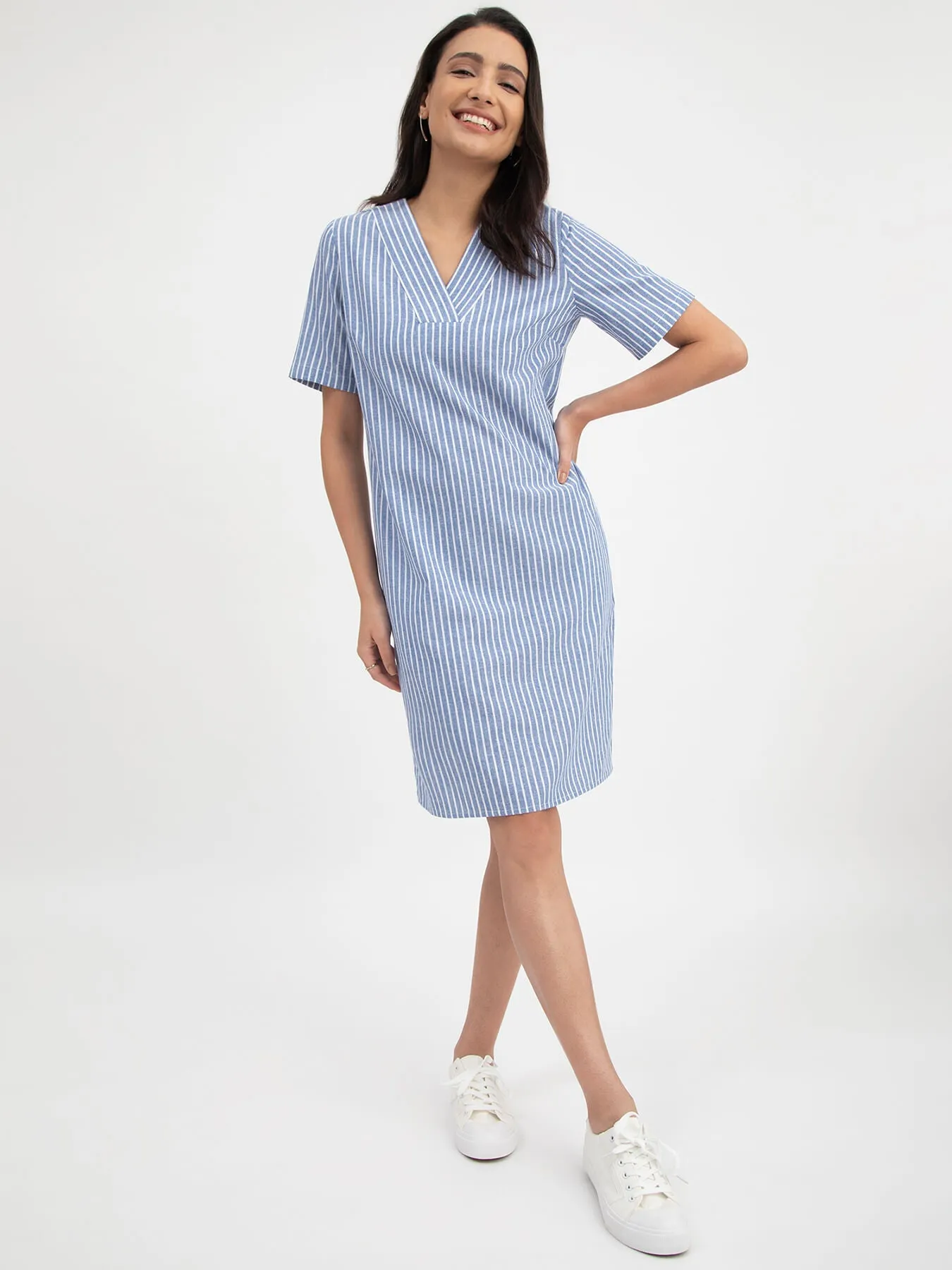 Linen Striped V Neck Shift Dress - Blue and White