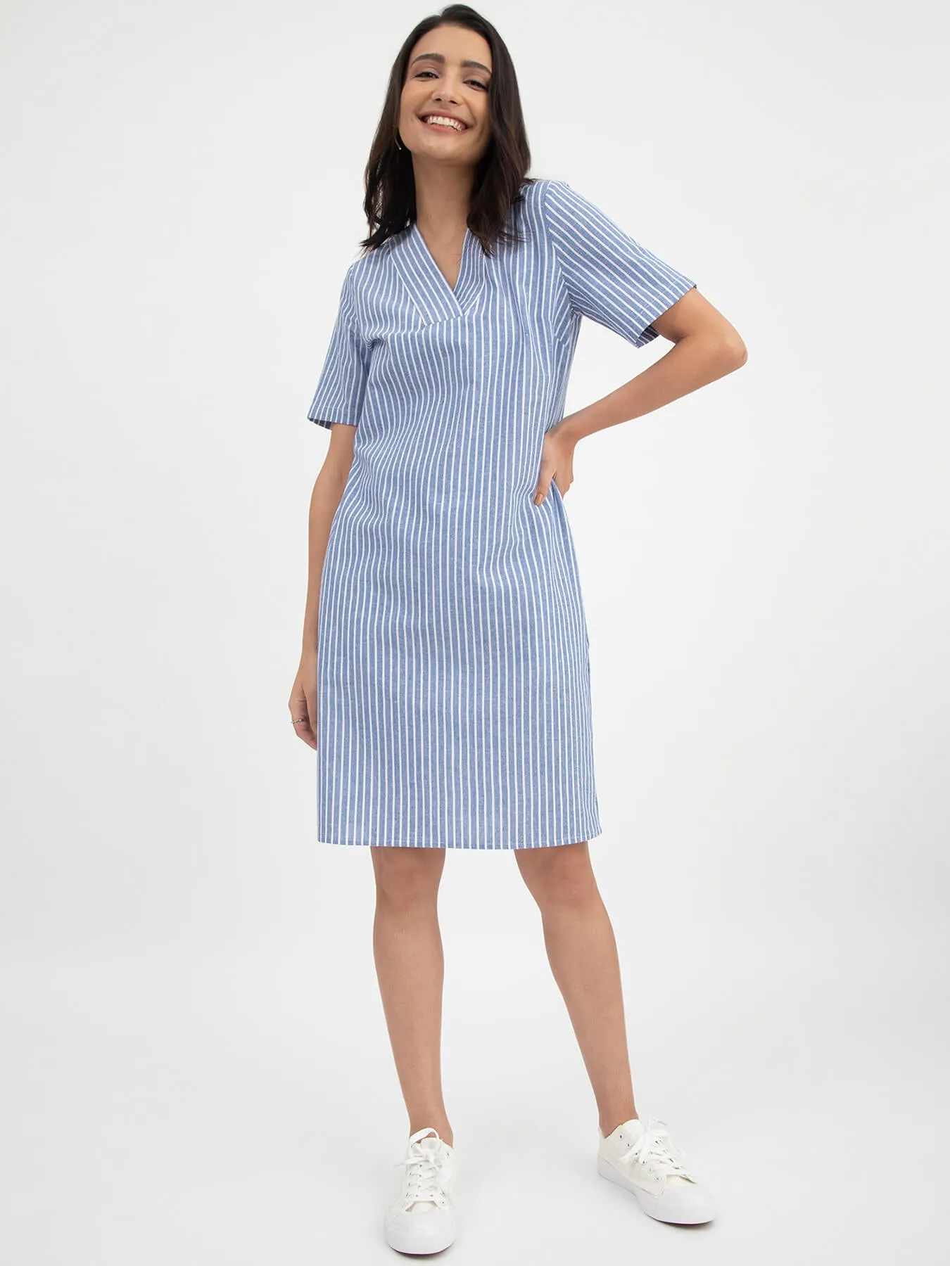 Linen Striped V Neck Shift Dress - Blue and White