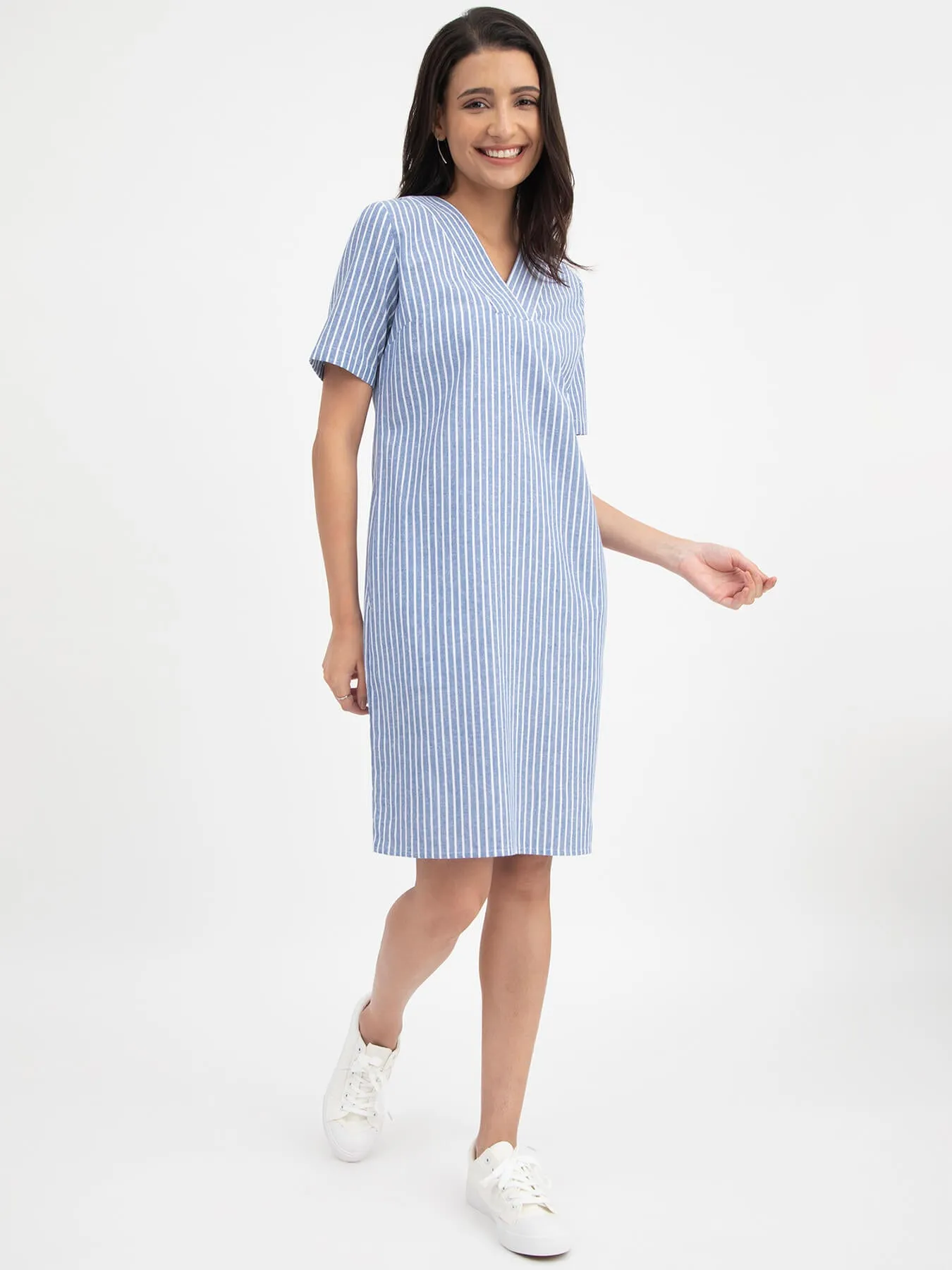 Linen Striped V Neck Shift Dress - Blue and White