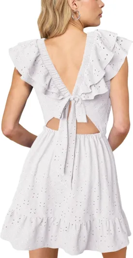 Lrady Womens Deep V Neck Tie Back Ruffle Sleeveless A Line Flowy Swing Shift Short Mini Dress