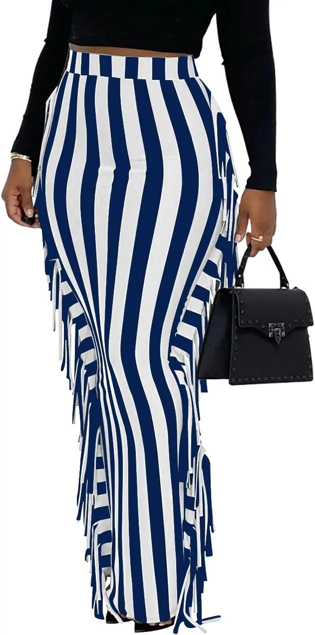Lrady Women's Elastic Waist Slim Bodycon Side Tassels Long Maxi Pencil Skirts
