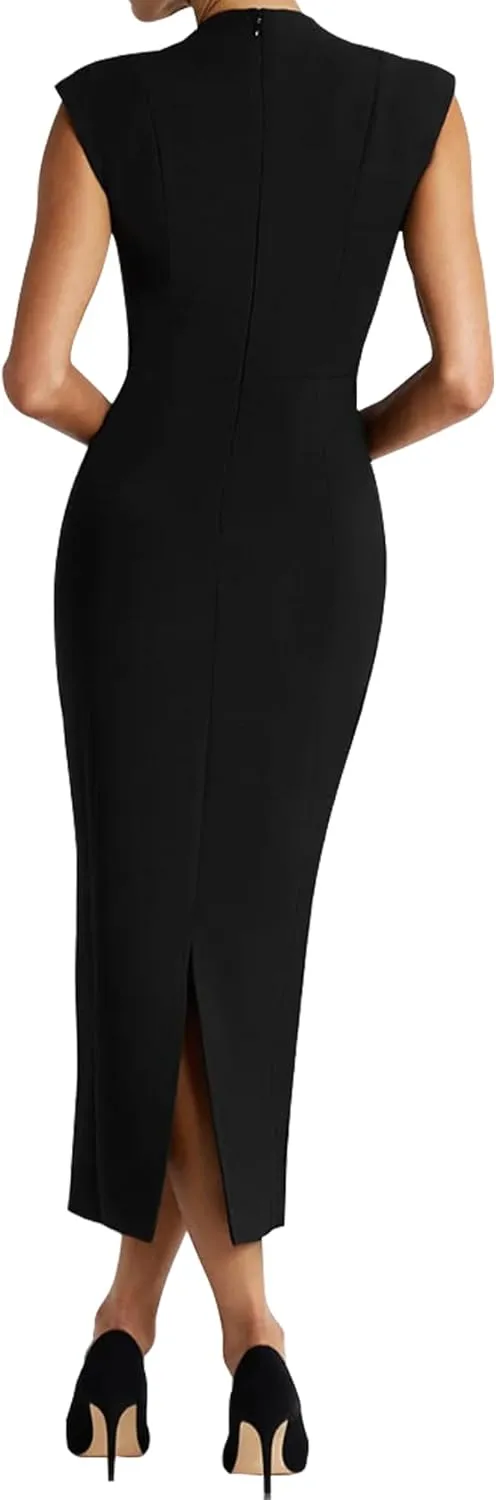 LuFeng Women's Summer Sexy Cap Sleeve Deep V Neck Zipper Midi Dress Hollow Bodycon Night Out Party Dress