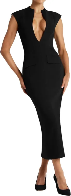 LuFeng Women's Summer Sexy Cap Sleeve Deep V Neck Zipper Midi Dress Hollow Bodycon Night Out Party Dress