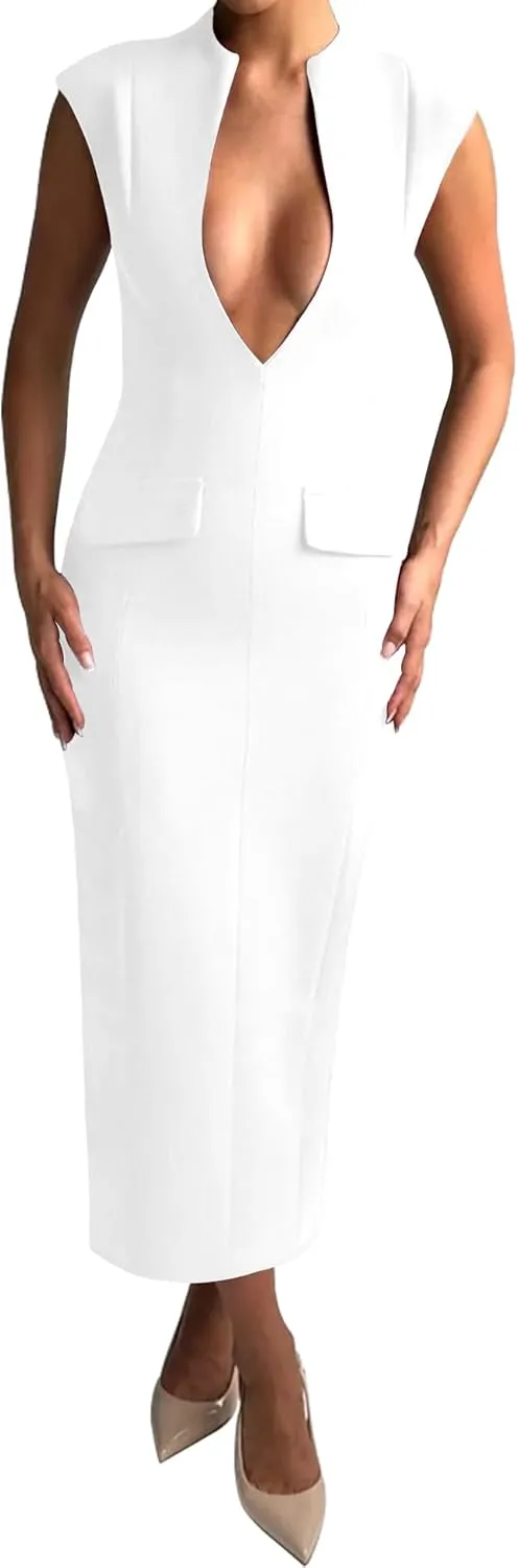 LuFeng Women's Summer Sexy Cap Sleeve Deep V Neck Zipper Midi Dress Hollow Bodycon Night Out Party Dress