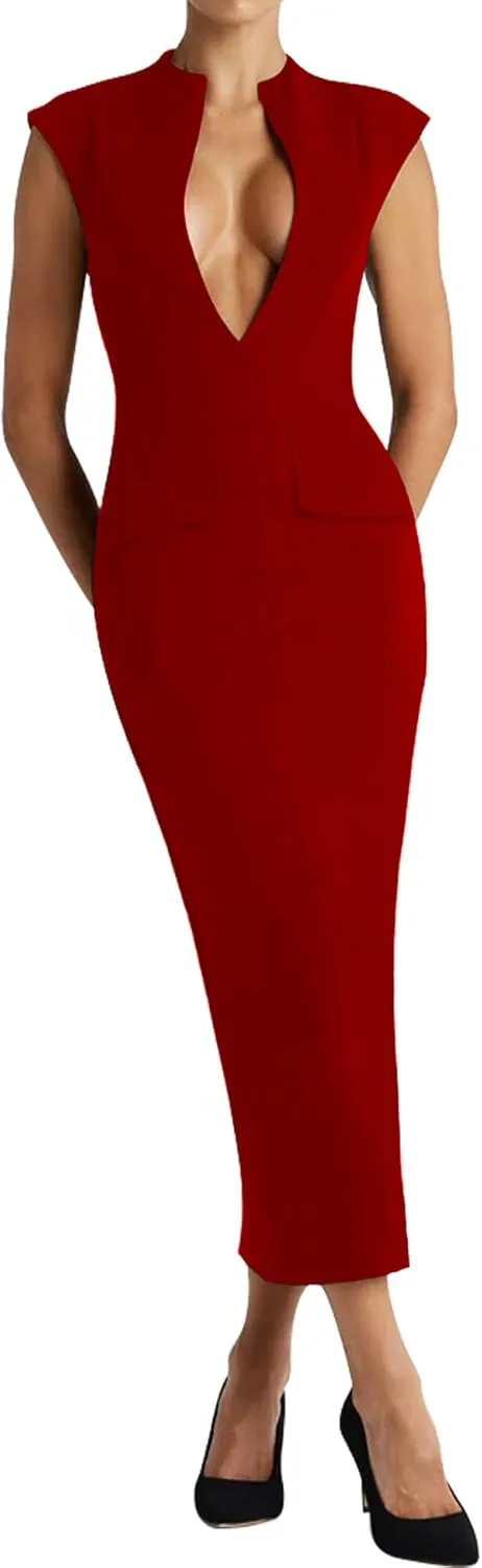 LuFeng Women's Summer Sexy Cap Sleeve Deep V Neck Zipper Midi Dress Hollow Bodycon Night Out Party Dress