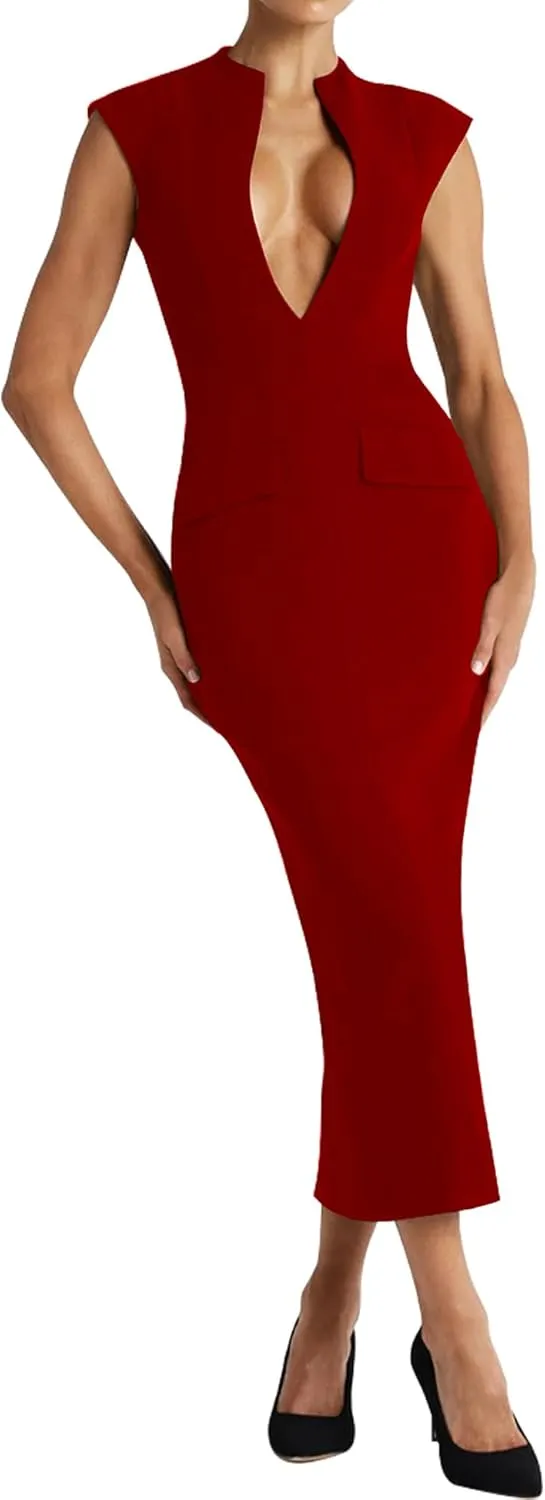 LuFeng Women's Summer Sexy Cap Sleeve Deep V Neck Zipper Midi Dress Hollow Bodycon Night Out Party Dress