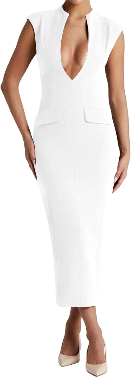 LuFeng Women's Summer Sexy Cap Sleeve Deep V Neck Zipper Midi Dress Hollow Bodycon Night Out Party Dress