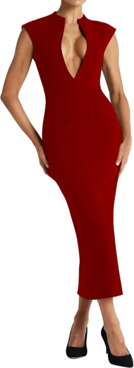 LuFeng Women's Summer Sexy Cap Sleeve Deep V Neck Zipper Midi Dress Hollow Bodycon Night Out Party Dress