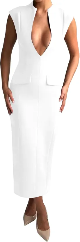 LuFeng Women's Summer Sexy Cap Sleeve Deep V Neck Zipper Midi Dress Hollow Bodycon Night Out Party Dress