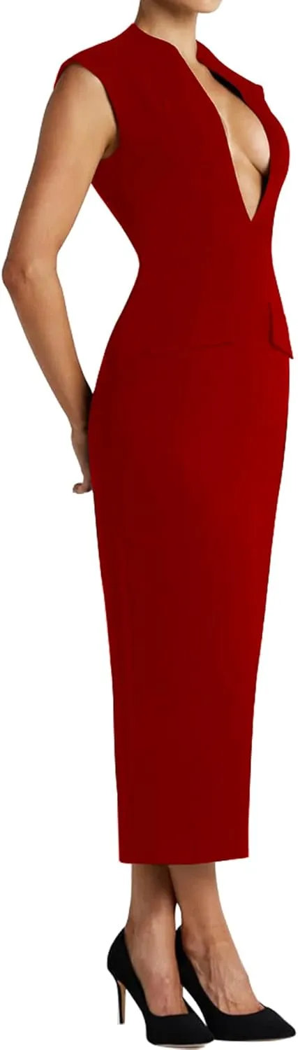 LuFeng Women's Summer Sexy Cap Sleeve Deep V Neck Zipper Midi Dress Hollow Bodycon Night Out Party Dress