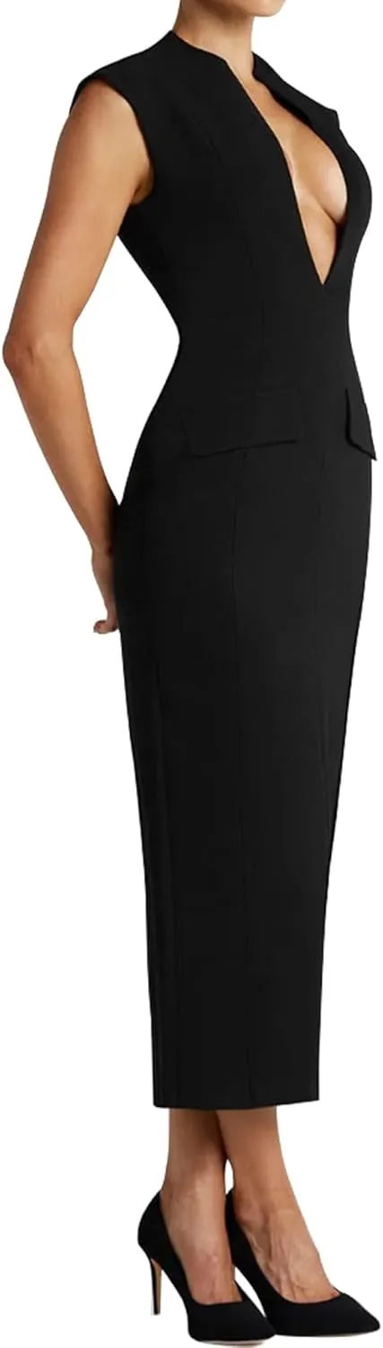 LuFeng Women's Summer Sexy Cap Sleeve Deep V Neck Zipper Midi Dress Hollow Bodycon Night Out Party Dress