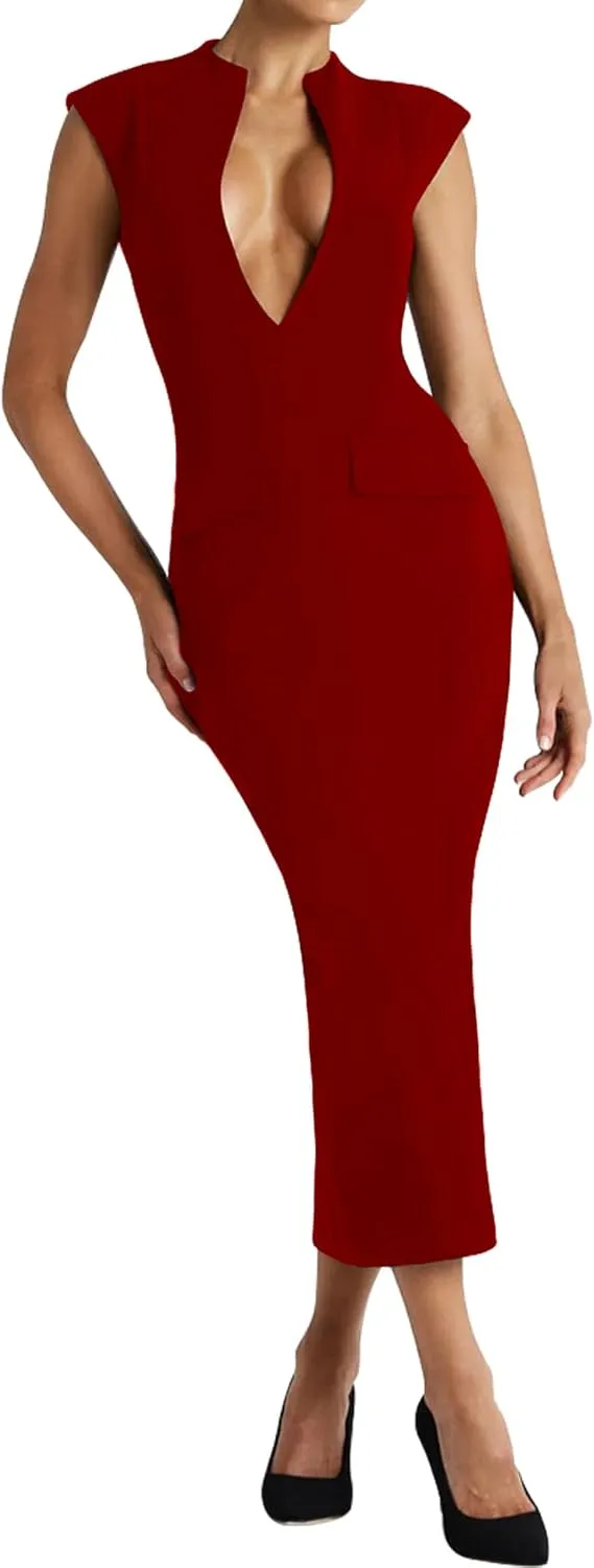 LuFeng Women's Summer Sexy Cap Sleeve Deep V Neck Zipper Midi Dress Hollow Bodycon Night Out Party Dress