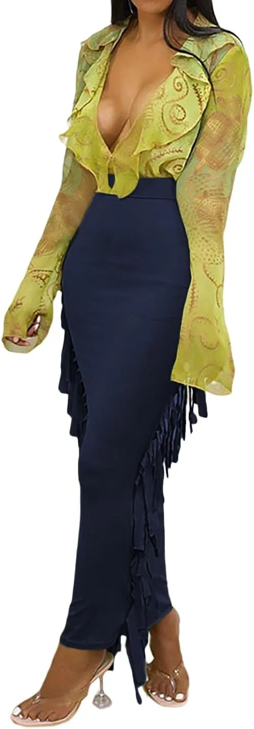 LYANER Women's Fringed Side Tassels Elastic Waist Slim Bodycon Pencil Maxi Skirts