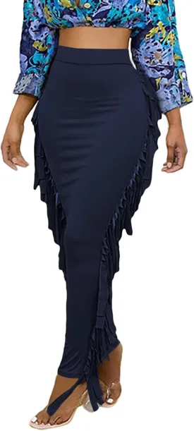 LYANER Women's Fringed Side Tassels Elastic Waist Slim Bodycon Pencil Maxi Skirts