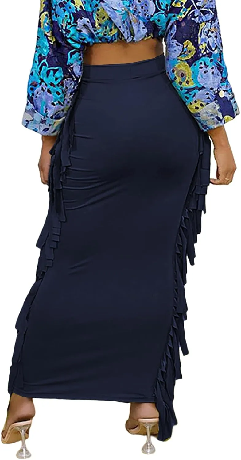 LYANER Women's Fringed Side Tassels Elastic Waist Slim Bodycon Pencil Maxi Skirts