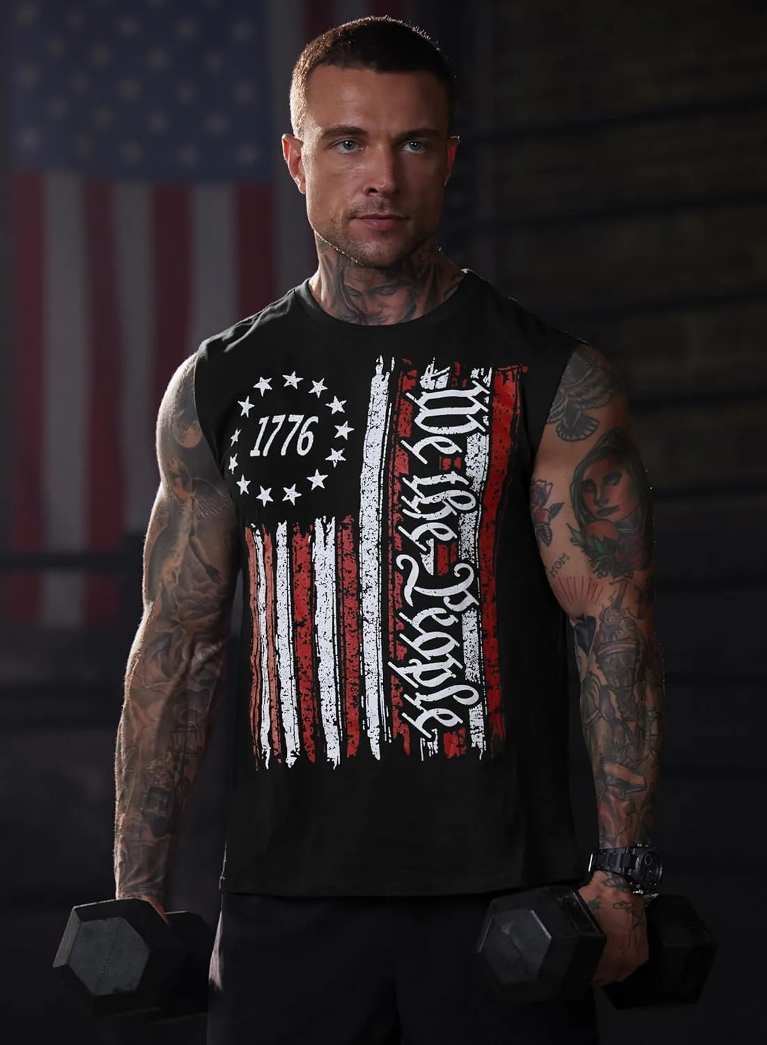 Mainfini Men's Muscle Tank Tops Sleeveless Tee Shirts American Flag Graphic Gym Workout USA Tank (S-3XL)
