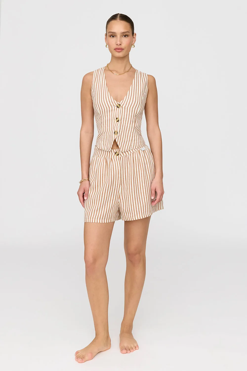 MARRAKECH LINEN BLEND TAILORED SHORTS - TAUPE STRIPE