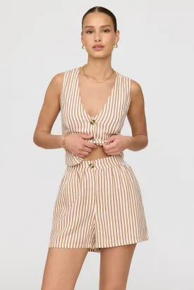 MARRAKECH LINEN BLEND TAILORED SHORTS - TAUPE STRIPE
