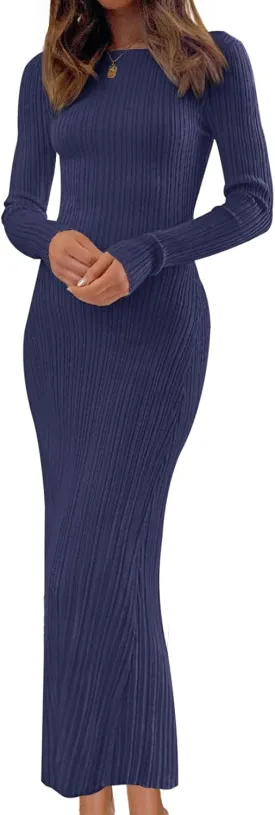 MEROKEETY Women's 2025 Long Sleeve Bodycon Sweater Dress Fall Crew Neck Ribbed Knit Maxi Dresses