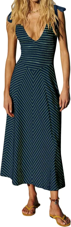 MISSACTIVER Striped Smocked Flowy Midi Dress for Women Summer Sleeveless V Neck Tie Straps Backless Beach Long Dresses