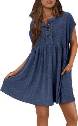 NOLLSOM Women's Summer Dresses 2025 Cap Sleeves Button Down Solid Oversized Short Dress Tshirt Mini Dress with Pockets