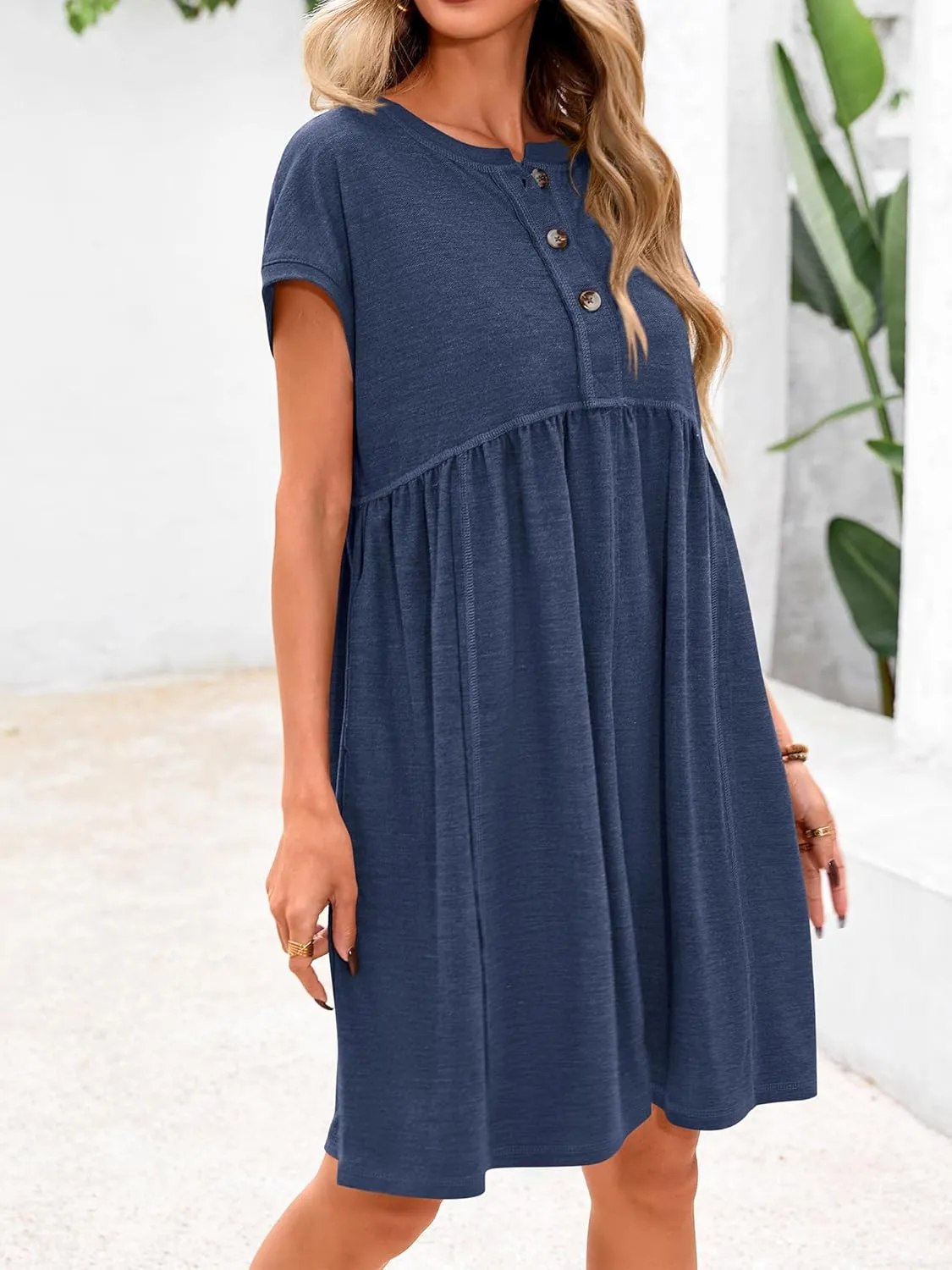 NOLLSOM Women's Summer Dresses 2025 Cap Sleeves Button Down Solid Oversized Short Dress Tshirt Mini Dress with Pockets