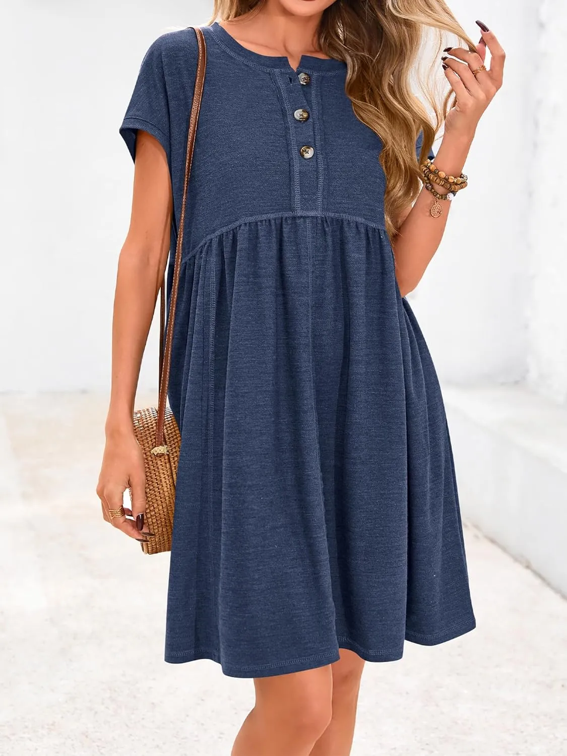 NOLLSOM Women's Summer Dresses 2025 Cap Sleeves Button Down Solid Oversized Short Dress Tshirt Mini Dress with Pockets