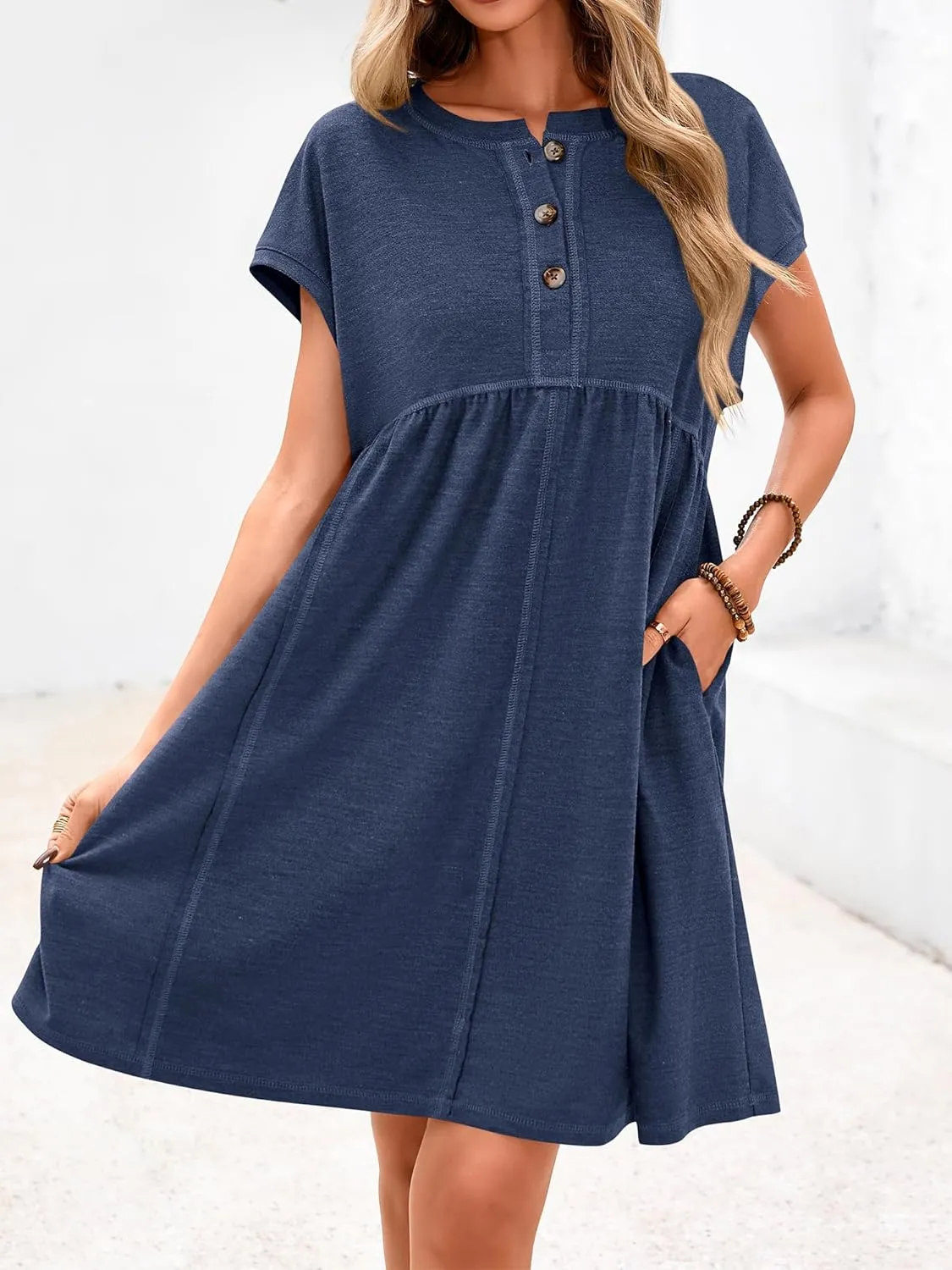 NOLLSOM Women's Summer Dresses 2025 Cap Sleeves Button Down Solid Oversized Short Dress Tshirt Mini Dress with Pockets