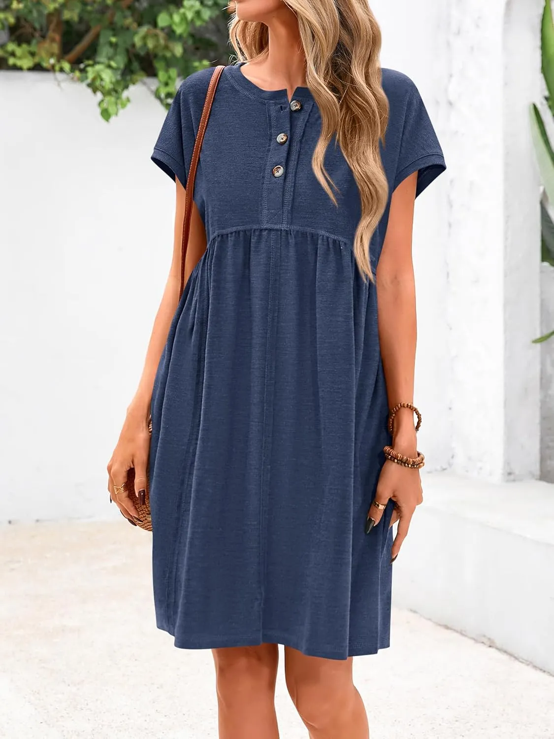 NOLLSOM Women's Summer Dresses 2025 Cap Sleeves Button Down Solid Oversized Short Dress Tshirt Mini Dress with Pockets