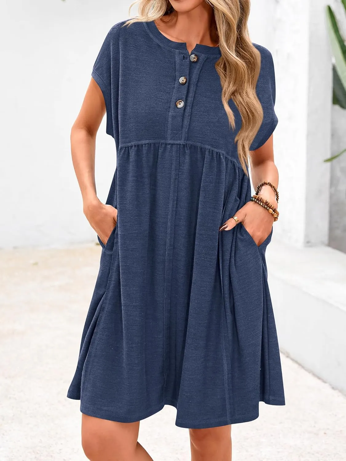 NOLLSOM Women's Summer Dresses 2025 Cap Sleeves Button Down Solid Oversized Short Dress Tshirt Mini Dress with Pockets