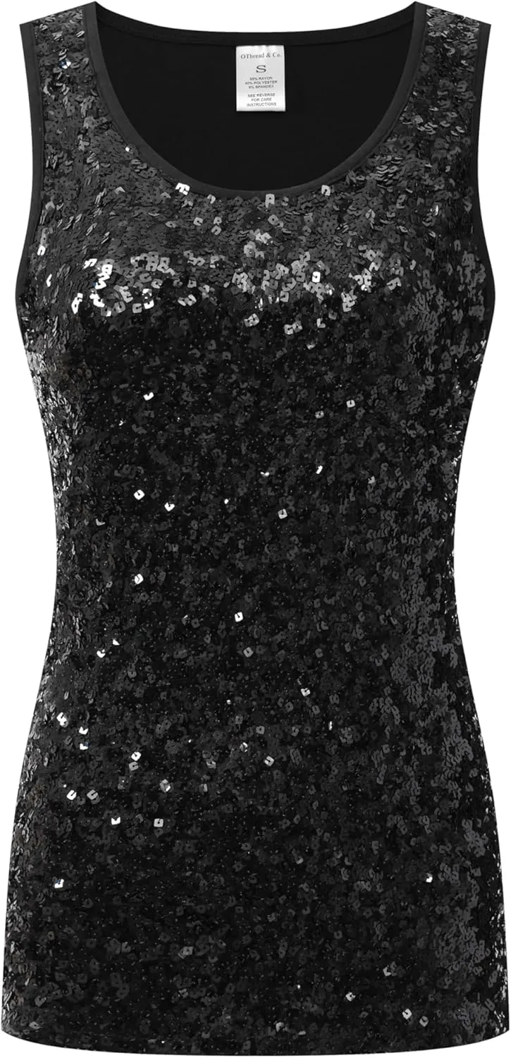 OThread & Co. Women's Glitter Sequin Tank Top Sleeveless Scoop Neck Night Out Party Top