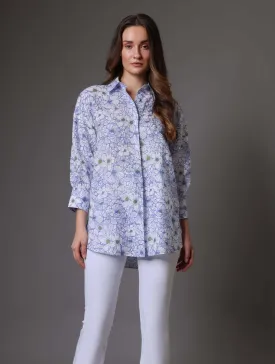 Oversized Blue And White Floral Linen Shirt