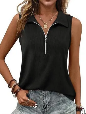 Poetsky Womens Summer Sleeveless Tank Top Zipper V Neck Collared Top Dressy Casual Ribbed Camisole Work Tank Polo Shirt