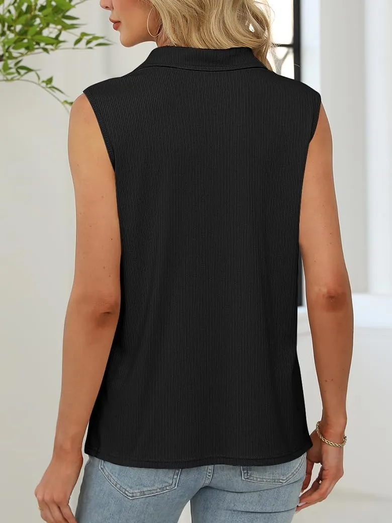 Poetsky Womens Summer Sleeveless Tank Top Zipper V Neck Collared Top Dressy Casual Ribbed Camisole Work Tank Polo Shirt