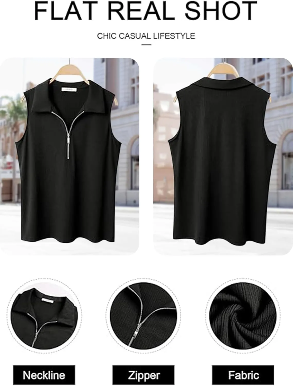 Poetsky Womens Summer Sleeveless Tank Top Zipper V Neck Collared Top Dressy Casual Ribbed Camisole Work Tank Polo Shirt