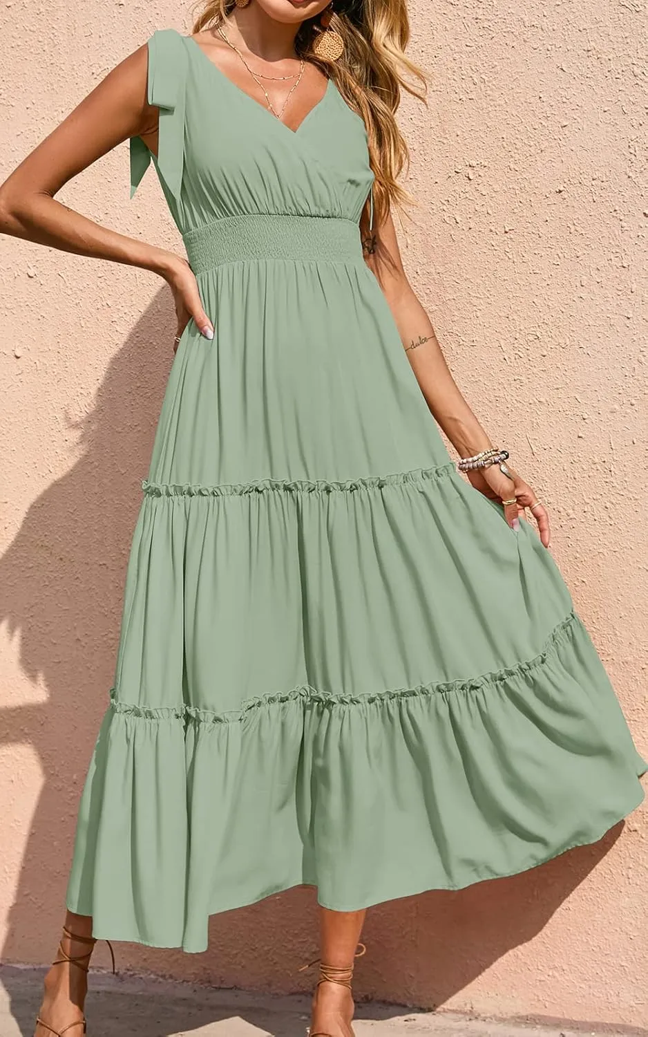 PRETTYGARDEN Women's Cross Neck Summer Sleeveless Tiered Maxi Dress Beach Tie Strap Smocked Long Dresses Pleated Sundress