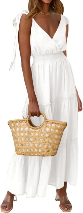 PRETTYGARDEN Women's Cross Neck Summer Sleeveless Tiered Maxi Dress Beach Tie Strap Smocked Long Dresses Pleated Sundress