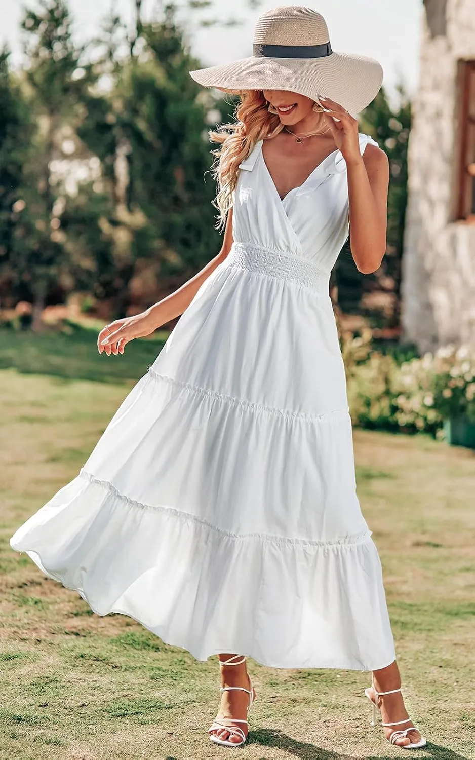 PRETTYGARDEN Women's Cross Neck Summer Sleeveless Tiered Maxi Dress Beach Tie Strap Smocked Long Dresses Pleated Sundress