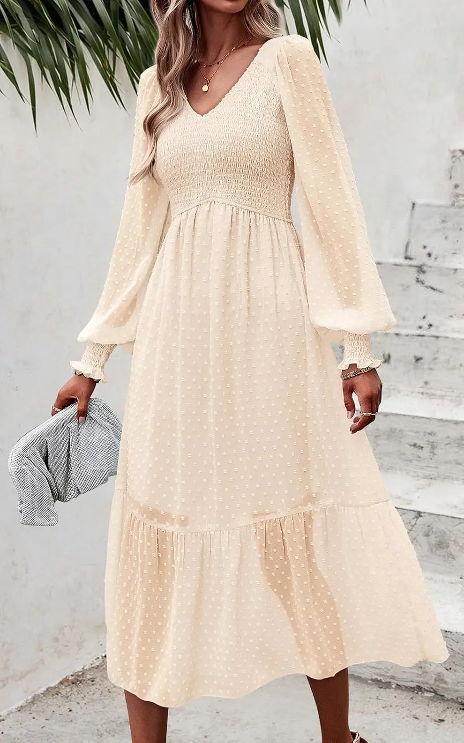 PRETTYGARDEN Women's Spring Dresses 2025 Long Sleeve V Neck Swiss Dot Empire Waist Chiffon Dress Ruffle Smocked Midi Dresses