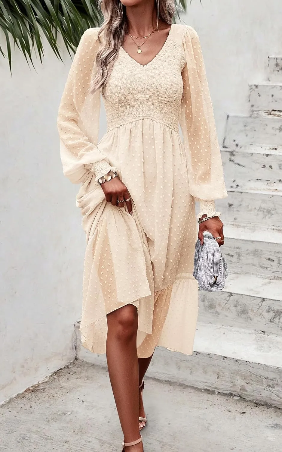 PRETTYGARDEN Women's Spring Dresses 2025 Long Sleeve V Neck Swiss Dot Empire Waist Chiffon Dress Ruffle Smocked Midi Dresses