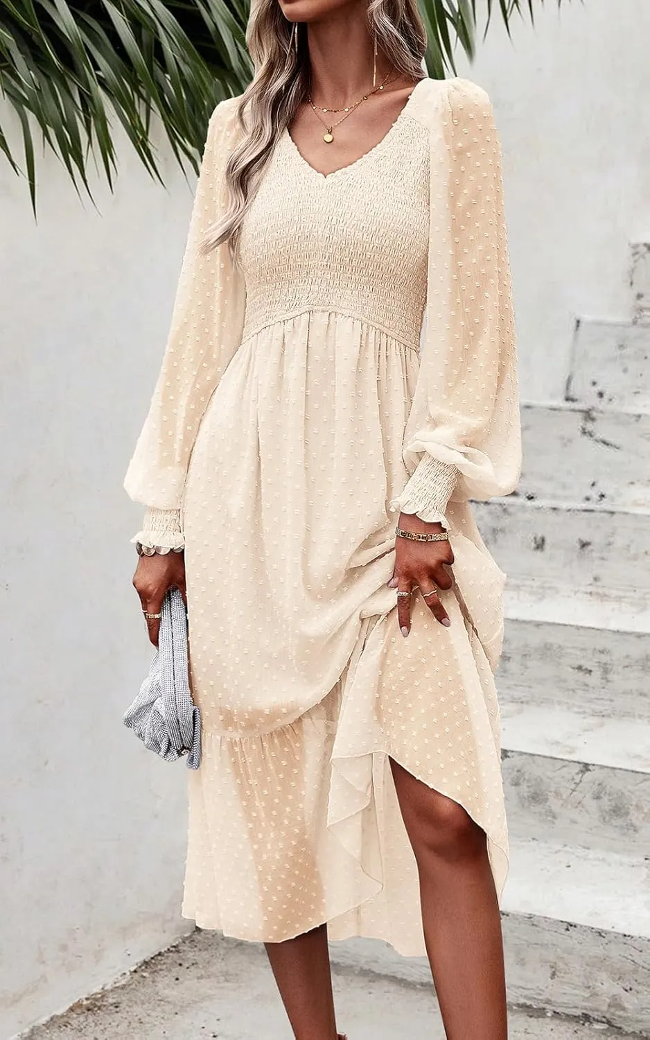 PRETTYGARDEN Women's Spring Dresses 2025 Long Sleeve V Neck Swiss Dot Empire Waist Chiffon Dress Ruffle Smocked Midi Dresses