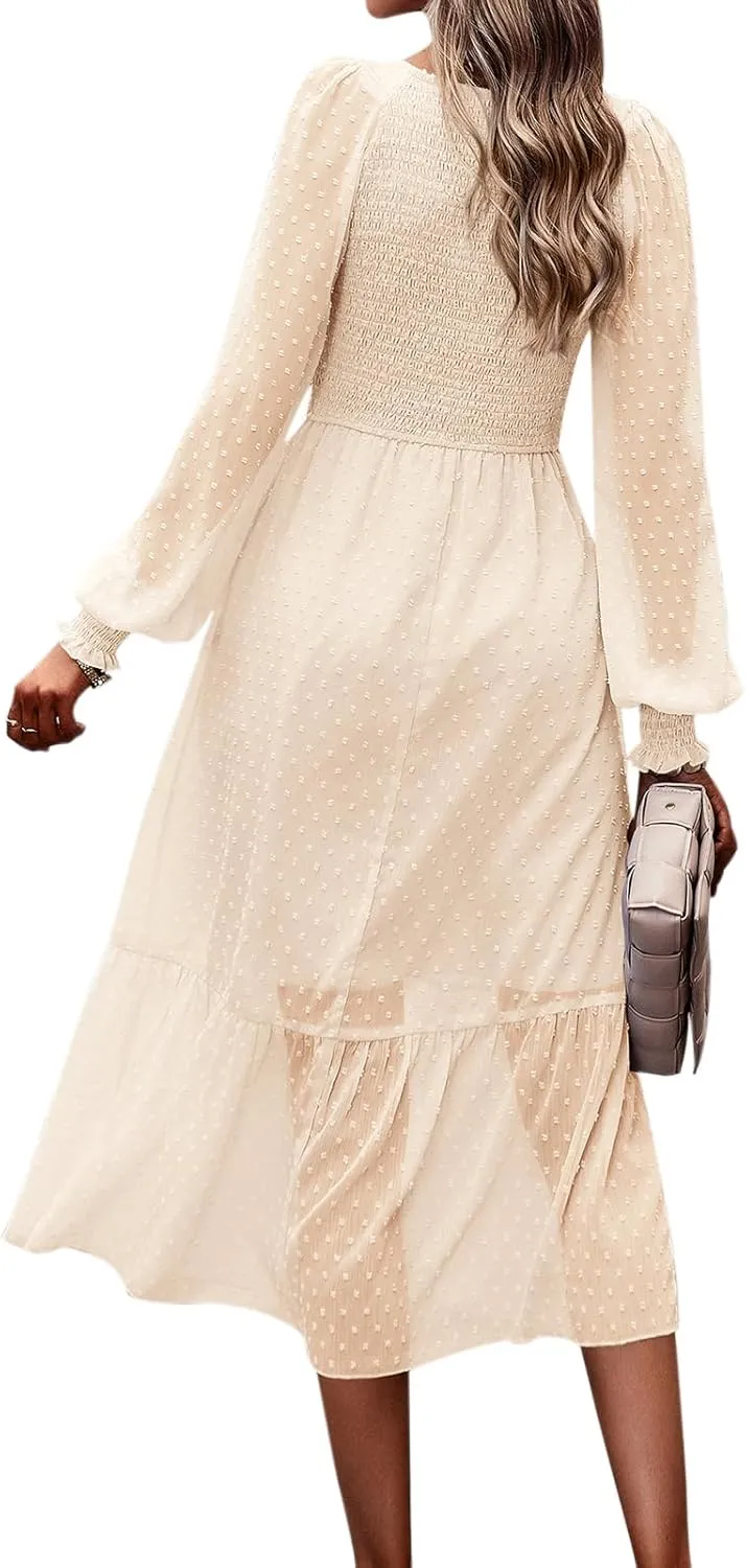 PRETTYGARDEN Women's Spring Dresses 2025 Long Sleeve V Neck Swiss Dot Empire Waist Chiffon Dress Ruffle Smocked Midi Dresses