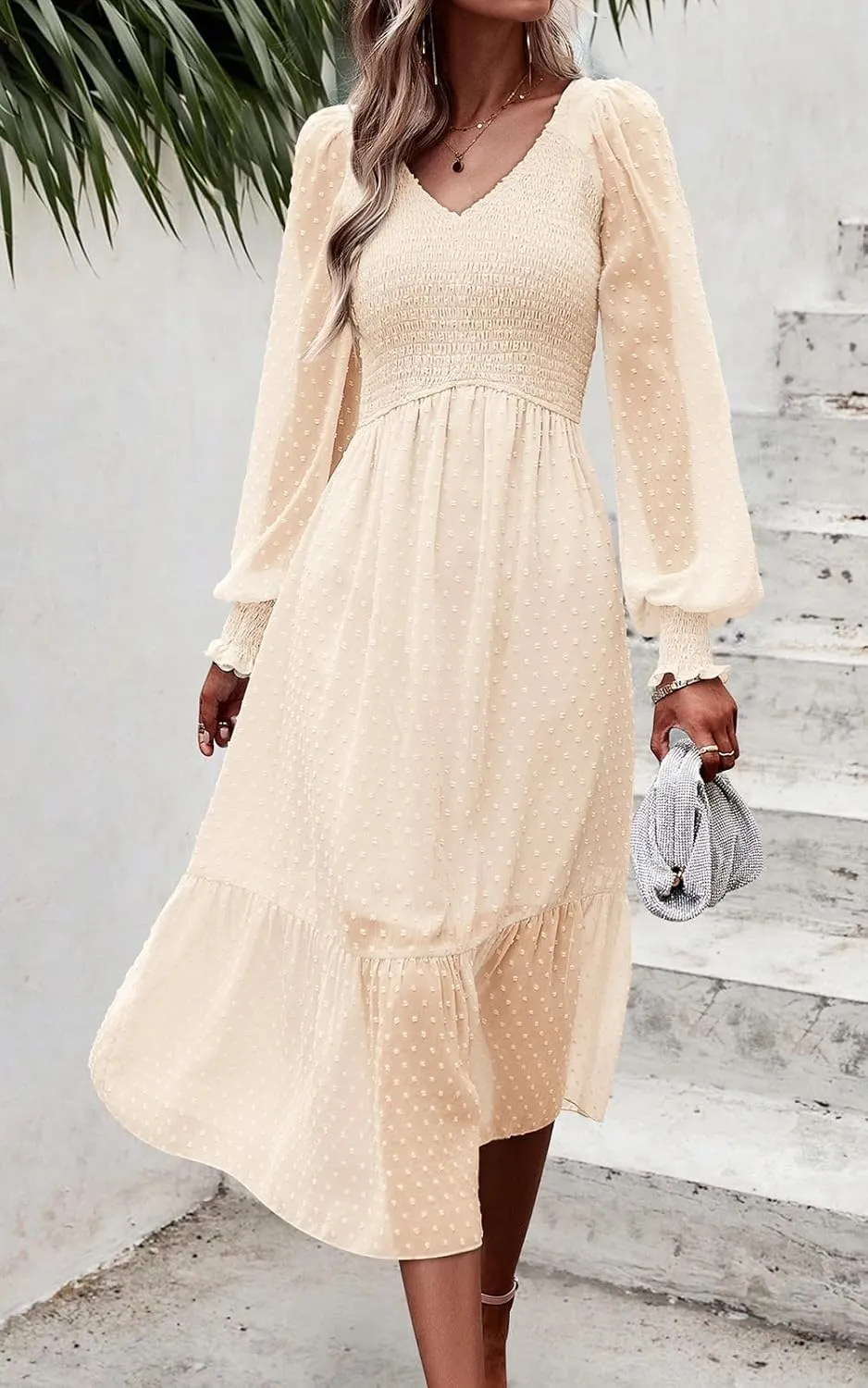 PRETTYGARDEN Women's Spring Dresses 2025 Long Sleeve V Neck Swiss Dot Empire Waist Chiffon Dress Ruffle Smocked Midi Dresses